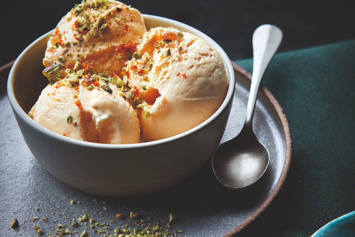 Blood orange frozen yogurt with crushed pistachios