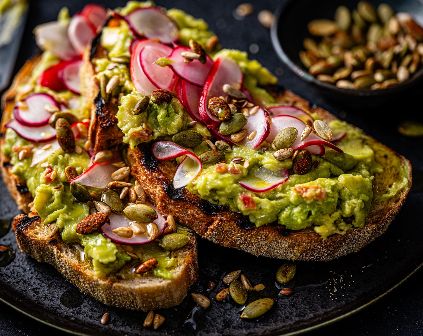 step 2 Toast the sourdough (4 slices). Spread each slice with the guacamole (1 tub) and top with the radishes and a sprinkle of seed mix (2 tsp).