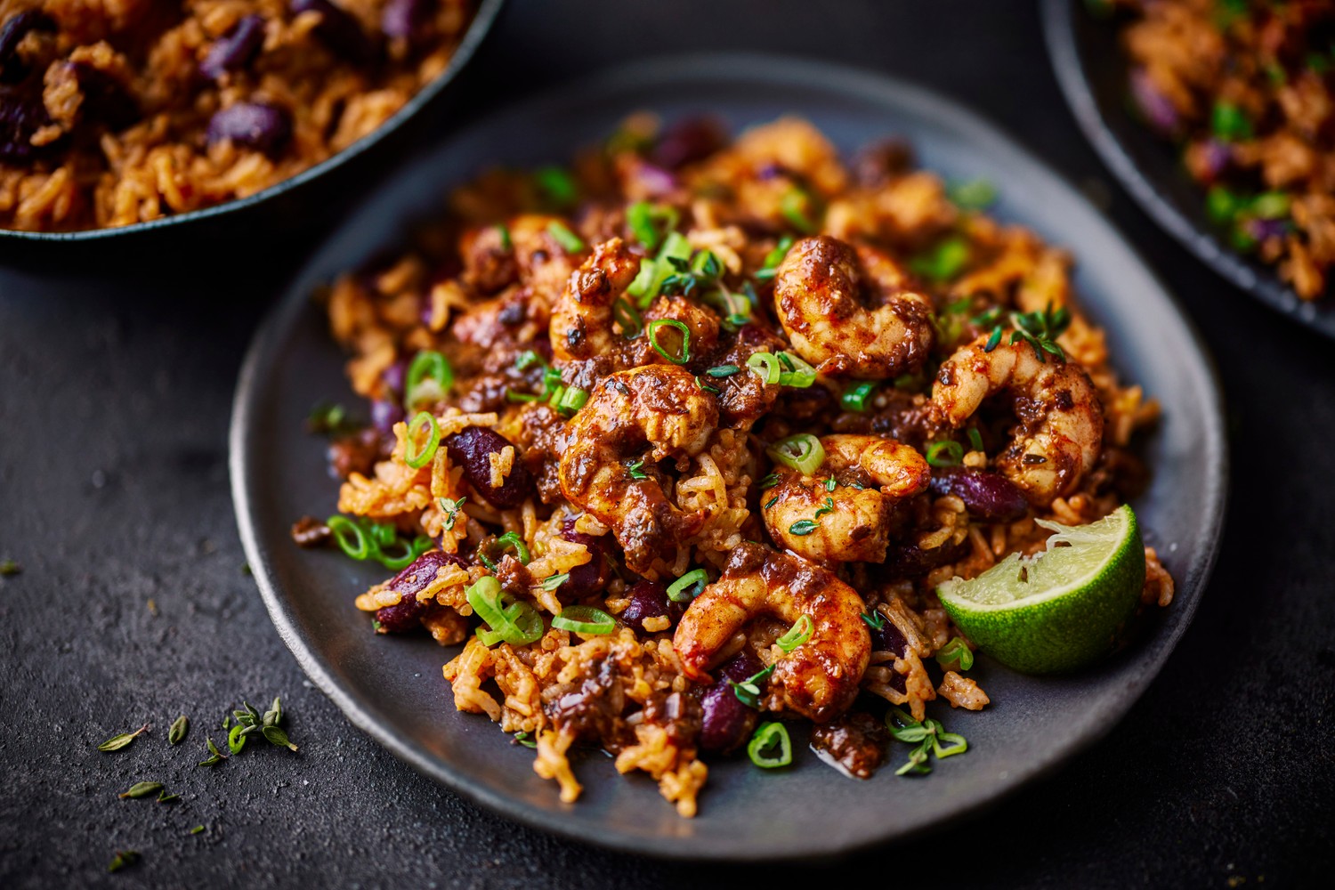 Jerk prawns with coconut rice and beans
