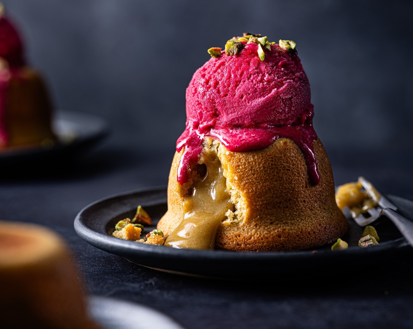 step 5 Serve with a scattering of chopped pistachios (1 tbsp) and a dollop of raspberry sorbet (4 scoops).