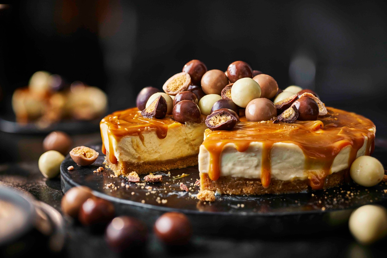 Malt ball millionaire's cheesecake