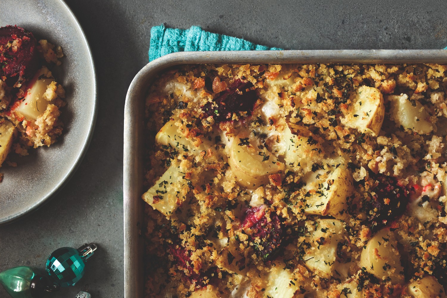 Beetroot, potato and stuffing traybake