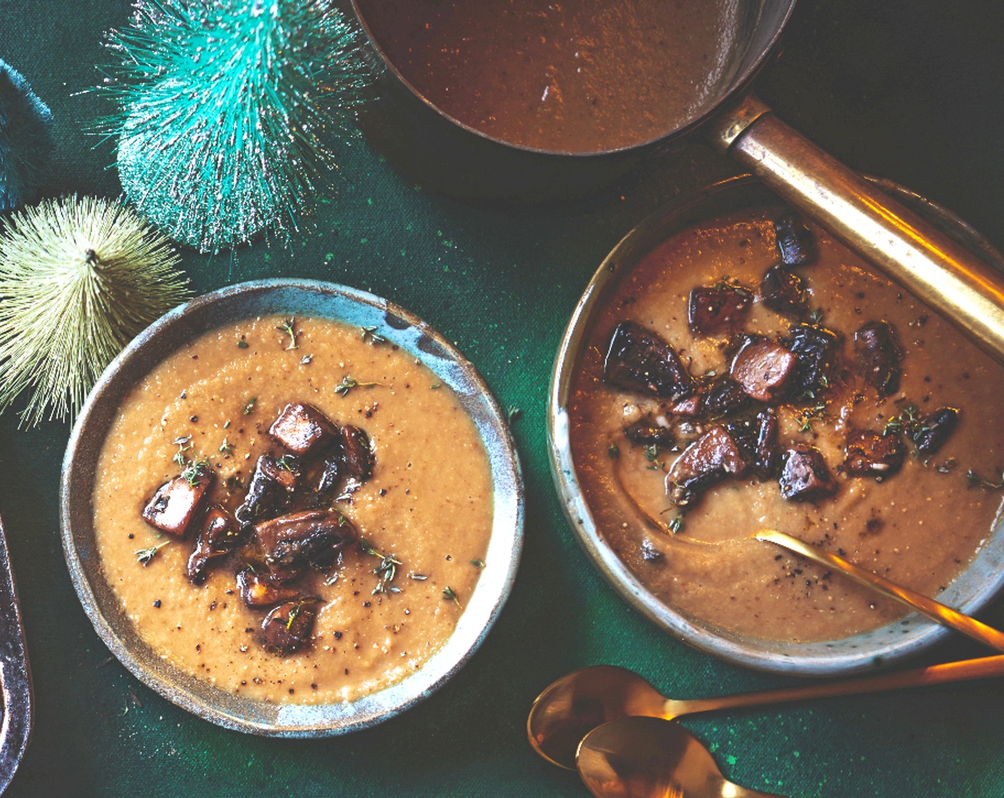 step 5 Blend the soup with a hand blender until smooth, then season to taste. Ladle the soup into bowls, then spoon over the cooked mushrooms and their juices. Serve with a drizzle of olive oil.