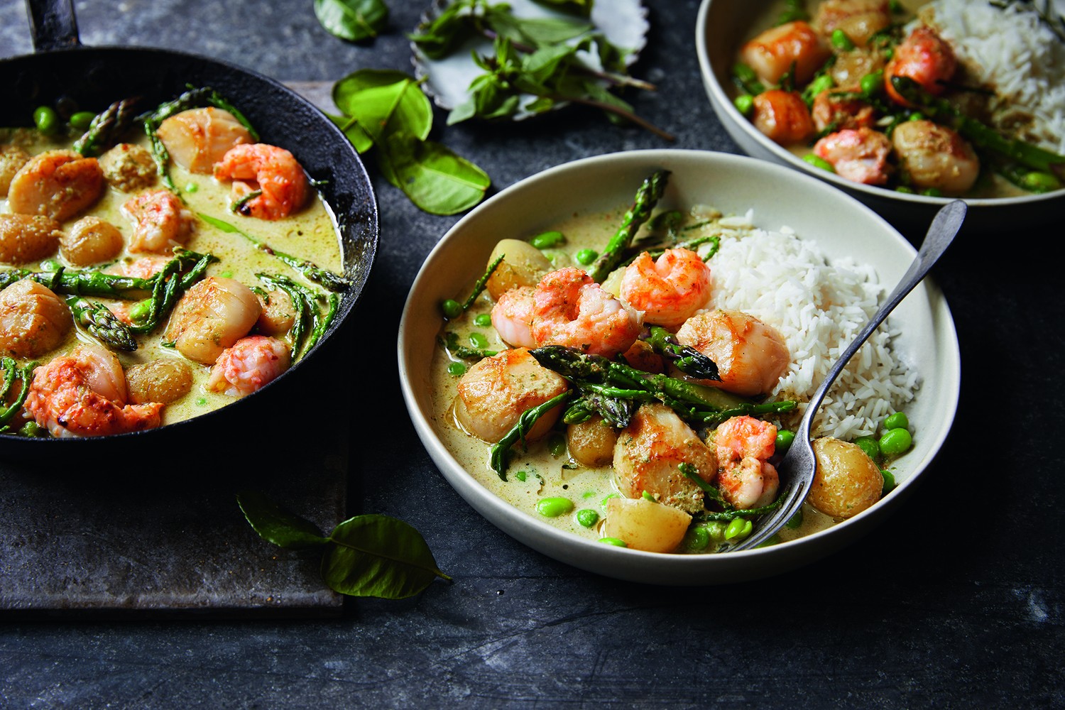 Green curry with langoustines, scallops and spring vegetables