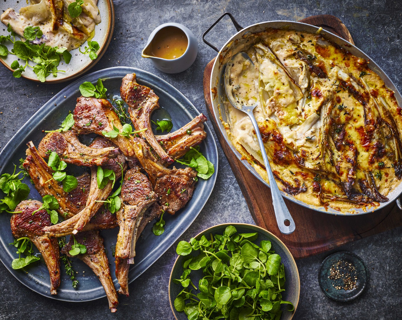 step 8 Lay the lamb onto a platter and serve with the sauce, gratin and watercress (80 g) alongside.