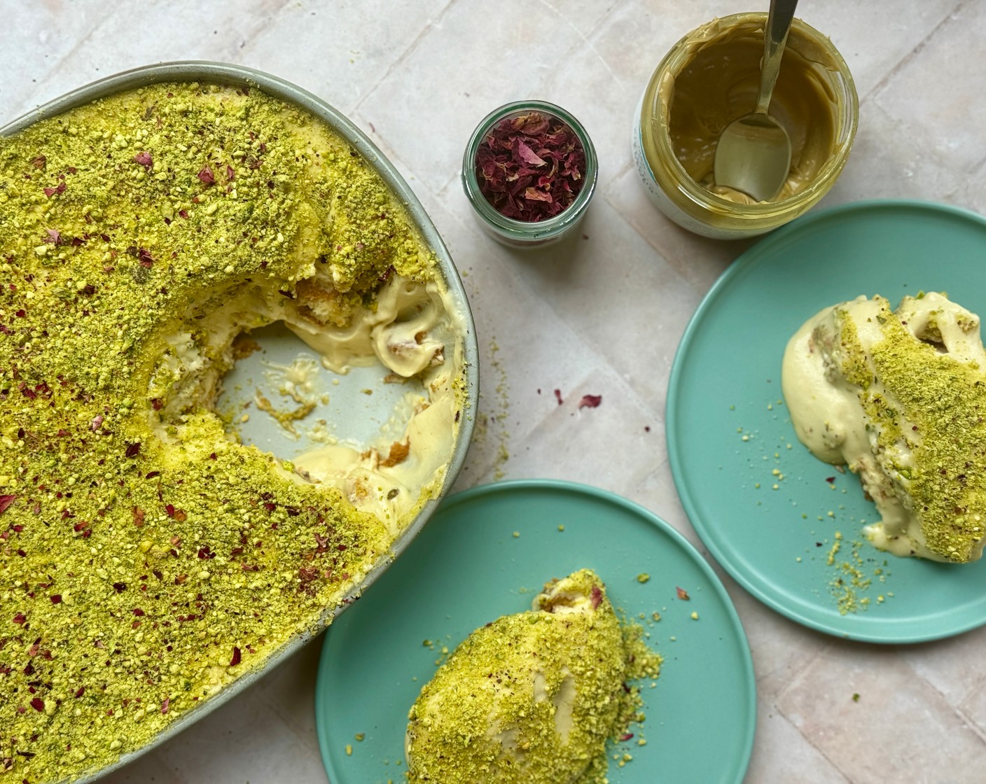 step 4 Pop the pistachios (40 g) into a high-powered blender and blitz until fine. To serve, scatter the pistachios and rose petals (1 tbsp) over the top of the tiramisu and dig in.