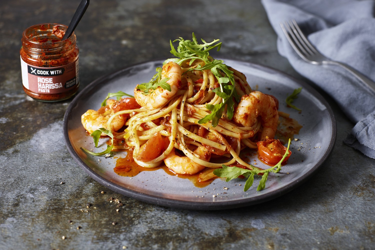 Rose harissa prawn linguine