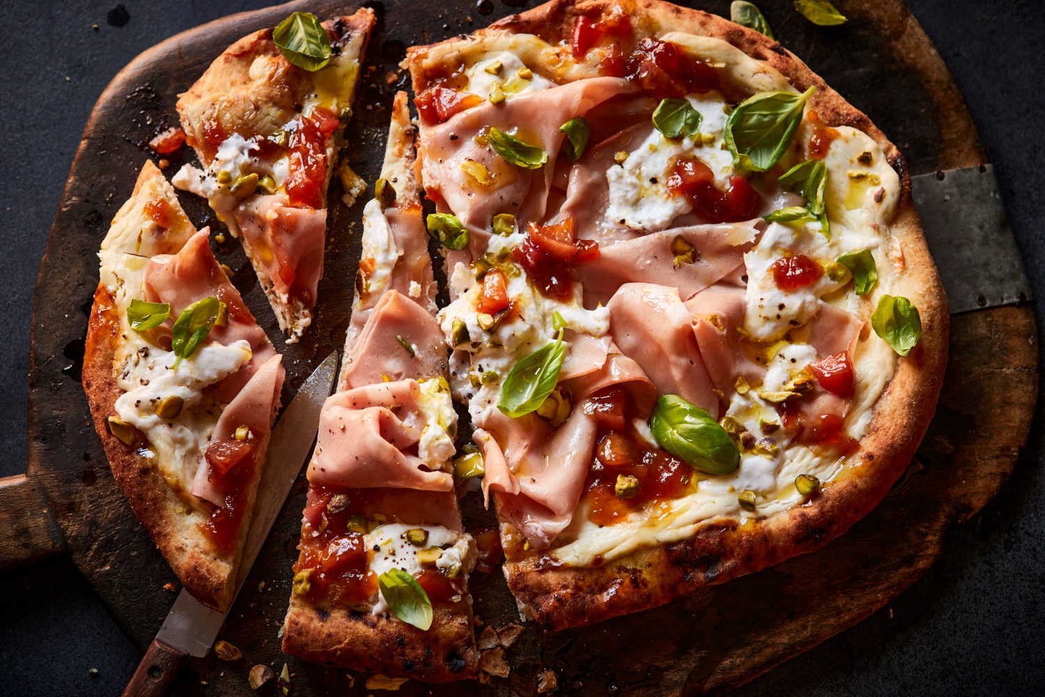 Mortadella, burrata and pistachio pizza recipe