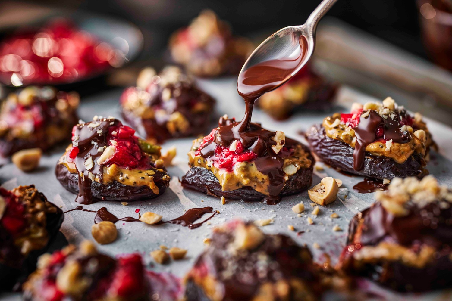 Chocolate, raspberry and peanut butter date bites
