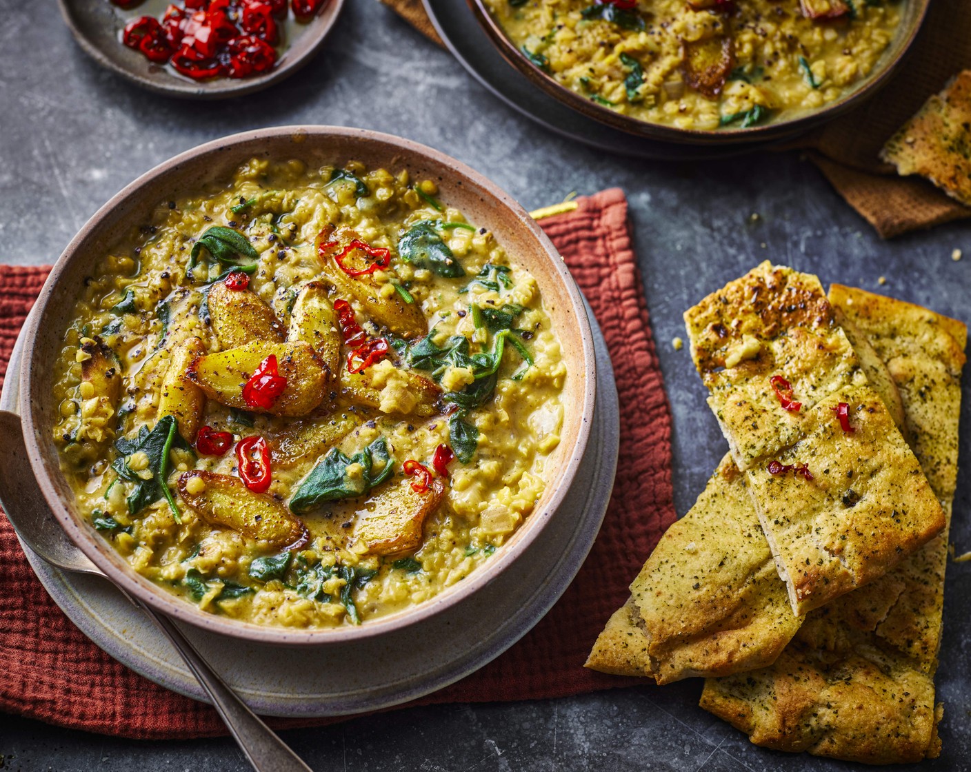 Veg-packed curry with chilli butter and garlic naan