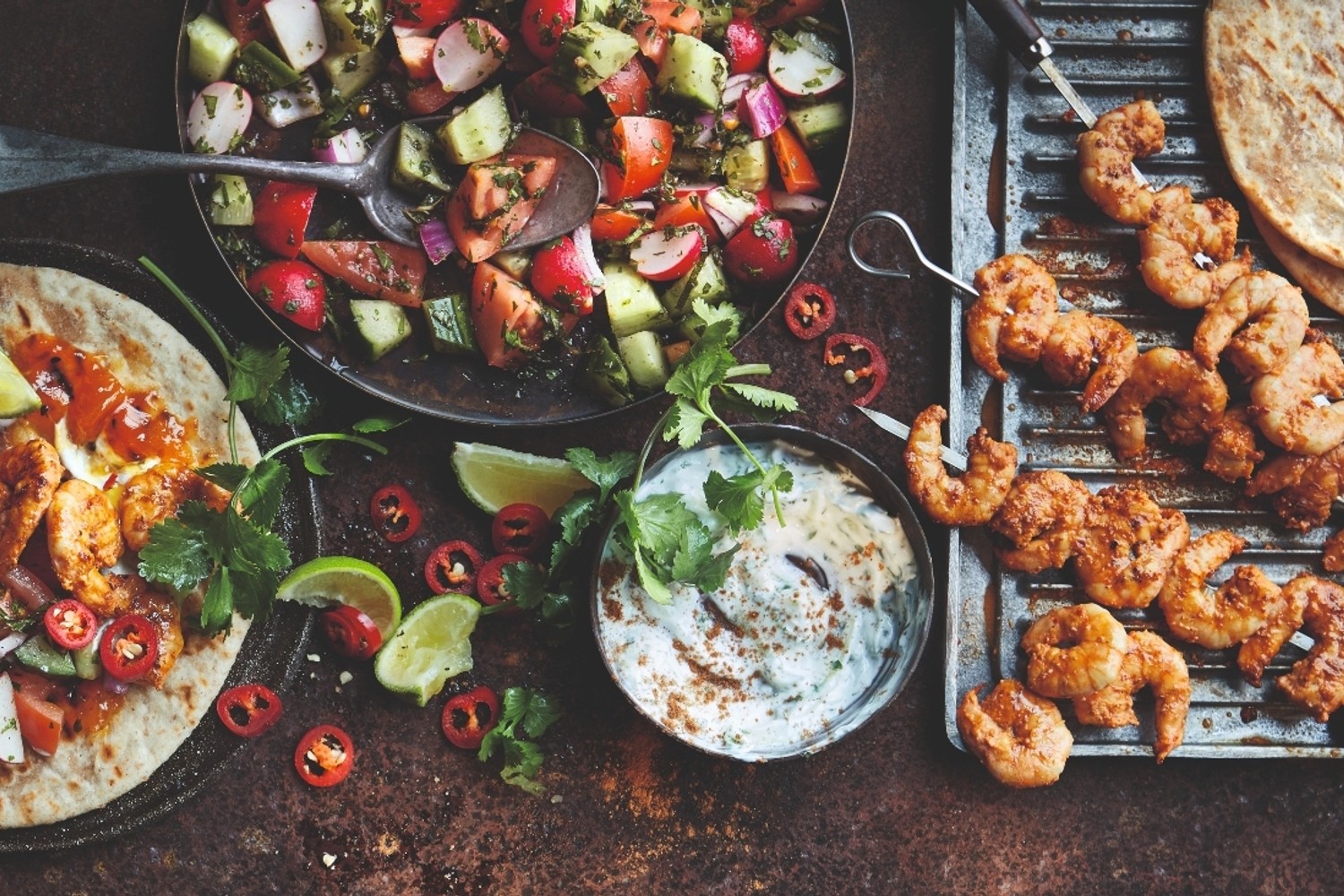 Gunpowder prawns with chopped salad and rotis