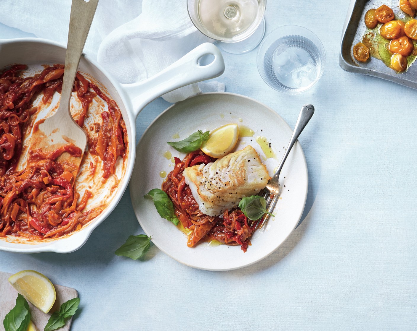step 6 Serve the peperonata with the pan-fried fish and a scattering of fresh basil (1 handful).