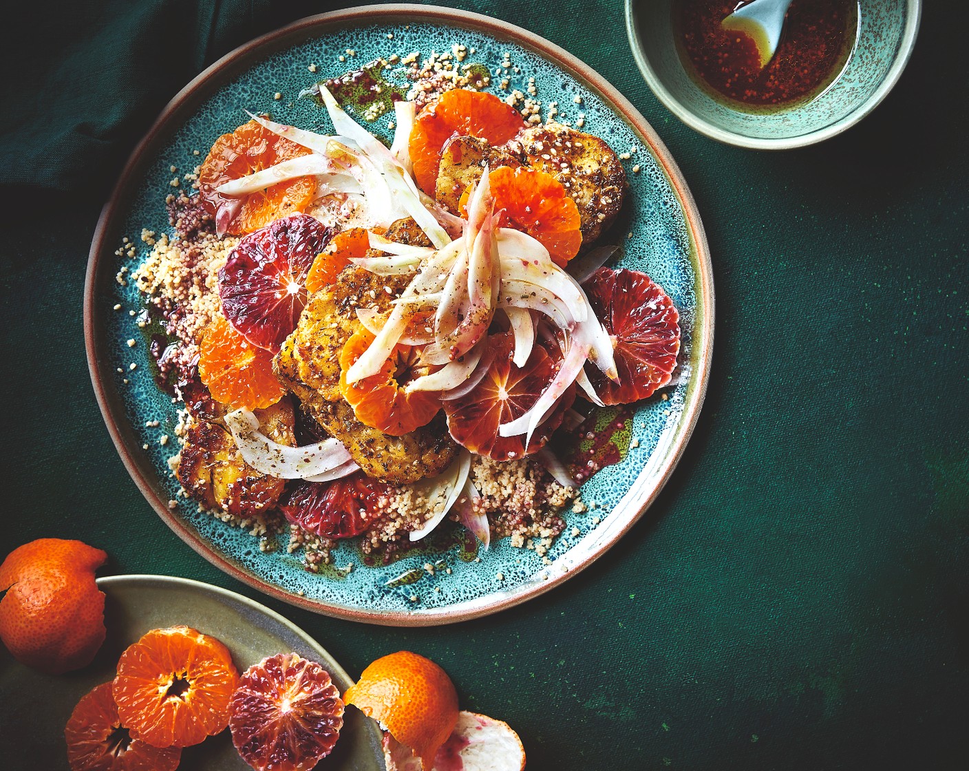 Za’atar-crusted halloumi, blood orange, fennel and couscous salad