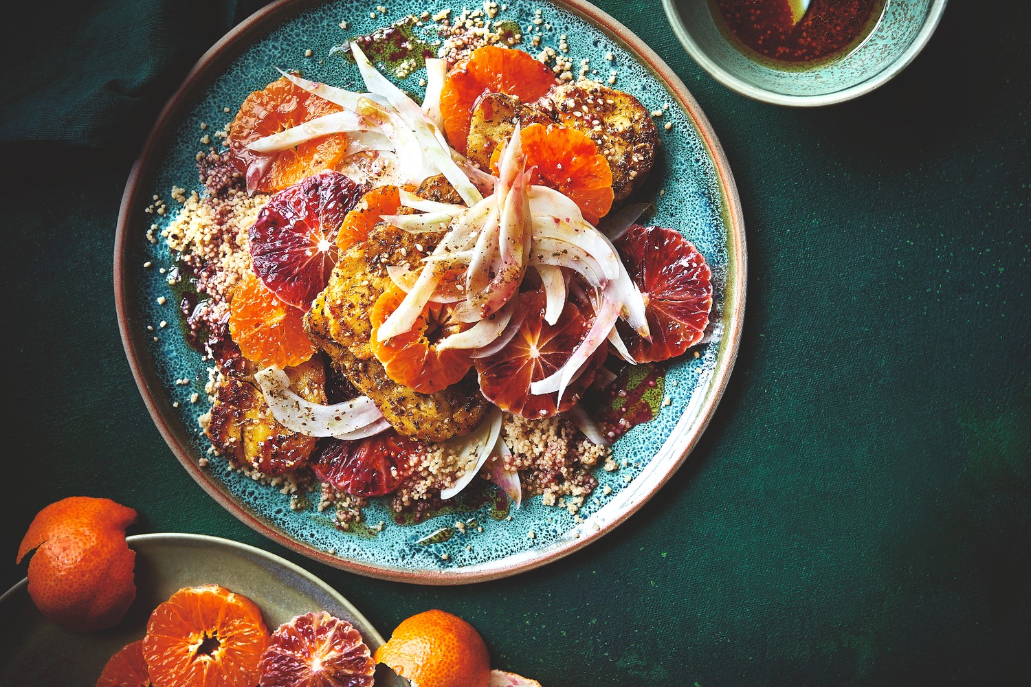 Za’atar-crusted halloumi, blood orange, fennel and couscous salad