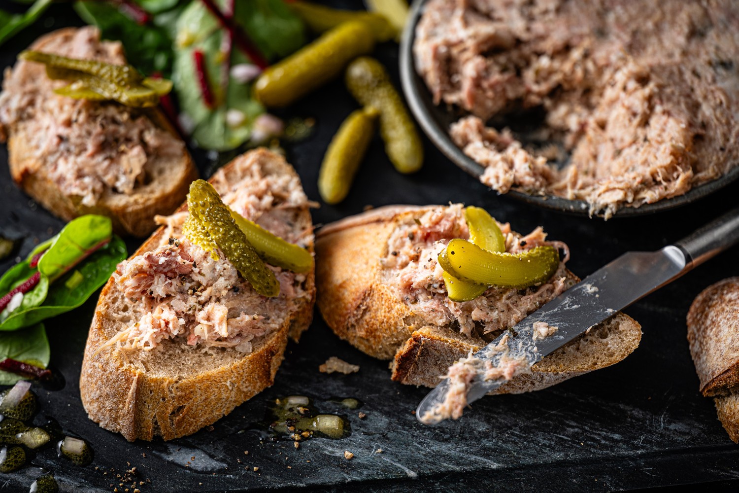 Pulled pork rillette with sourdough toasts and bistro salad