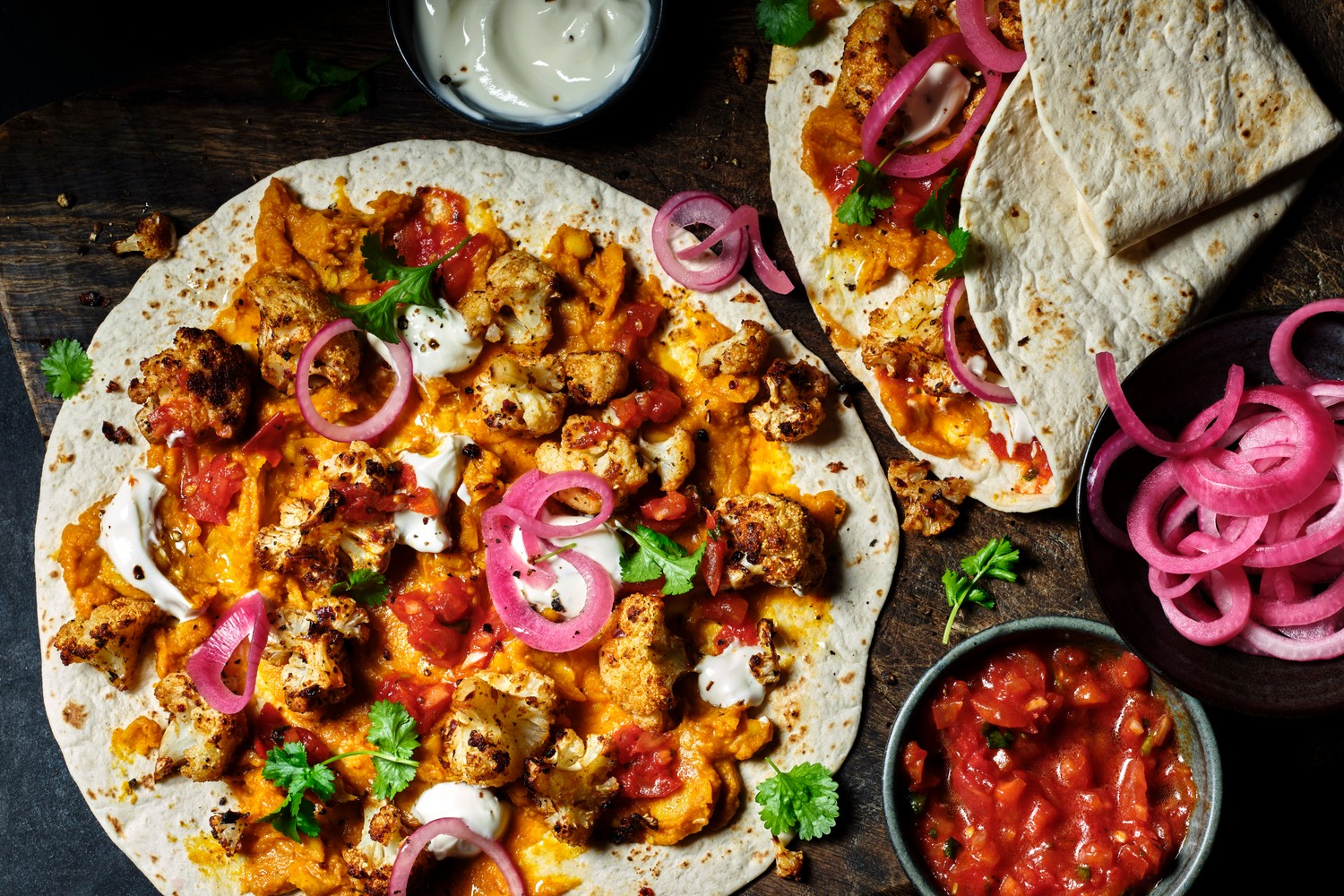 Roasted fajita-spiced cauliflower wraps