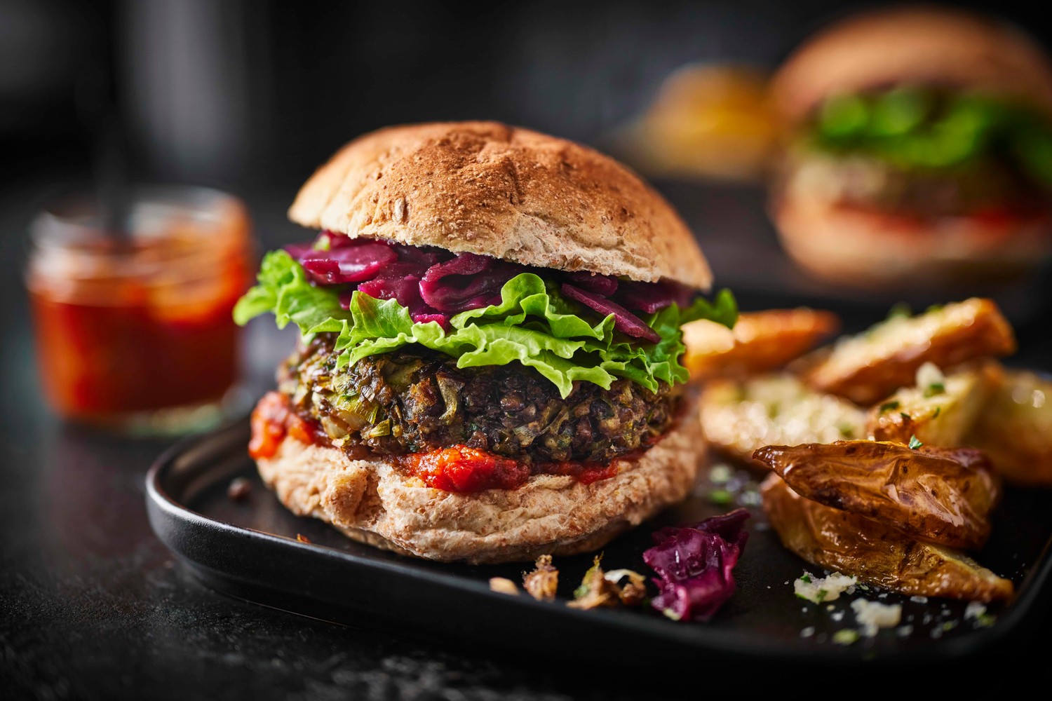Veggie stuffing burgers with rosemary and garlic wedges recipe