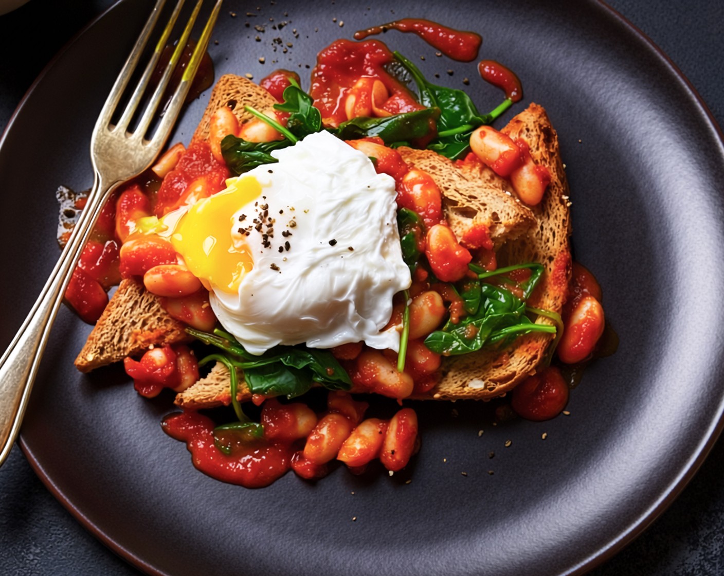 step 3 Meanwhile, toast the bread (4 slices) and steam the spinach (120 g) until just wilted. Serve the beans on the toasted bread with the spinach and poached eggs on top.