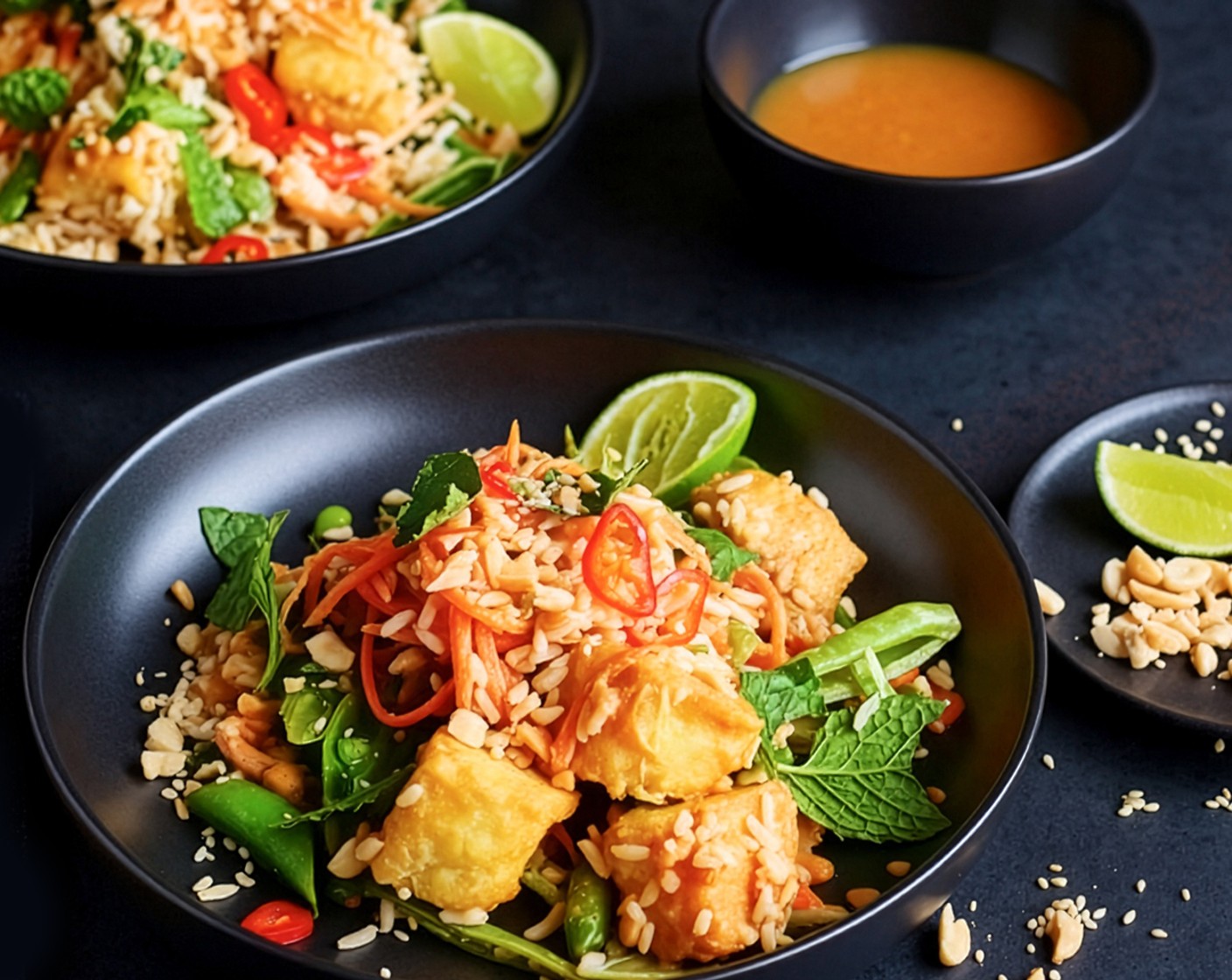 step 6 Drizzle over the dressing and mix gently until everything is coated. Divide between serving dishes and sprinkle over the sesame seeds (4 tbsp) along with the remaining chillies (1), peanuts and mint. Squeeze a lime wedge (1) over each dish to serve.