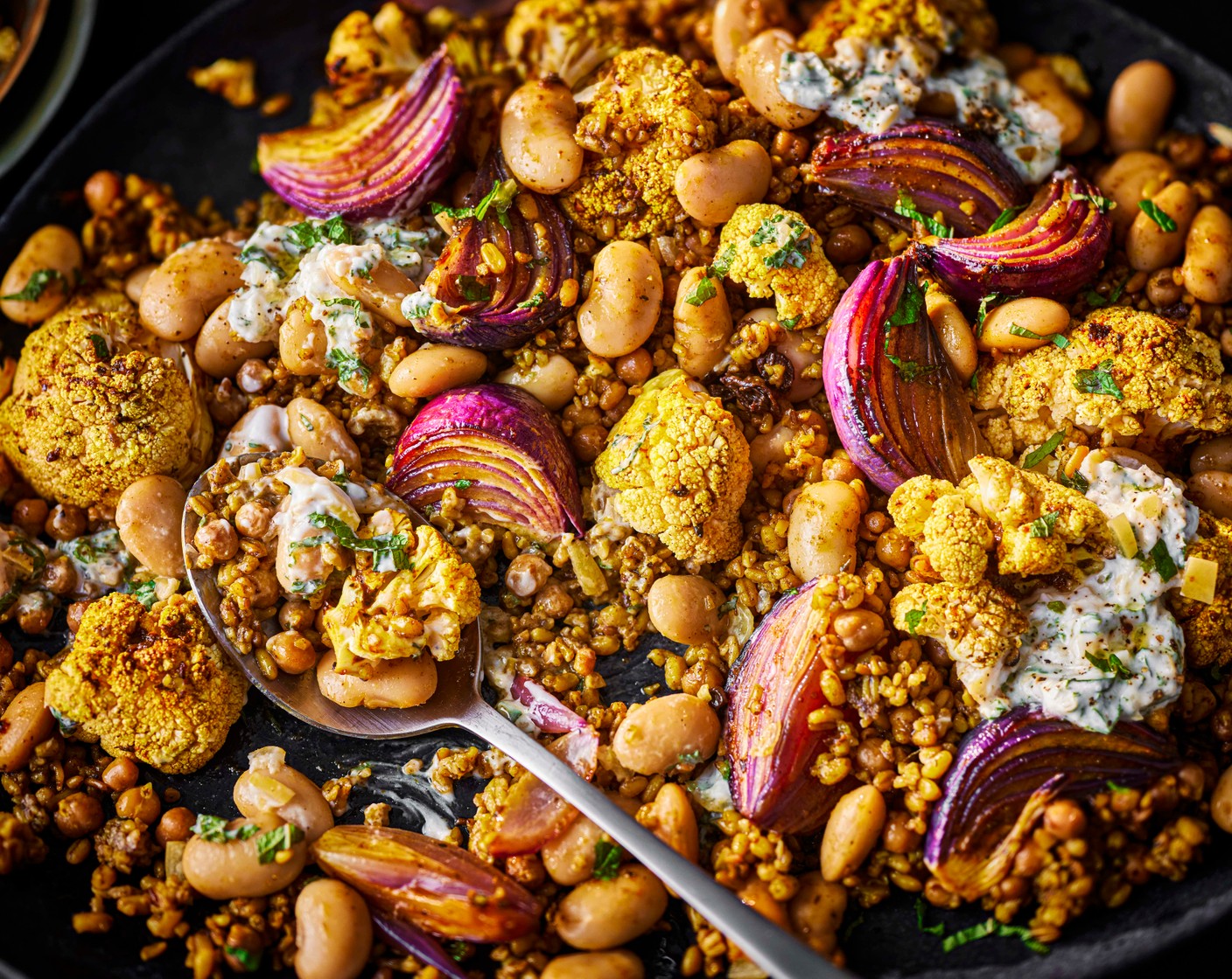 step 6 Serve the roasted veg with the grains and a dollop of the lemony, herby coconut yogurt.