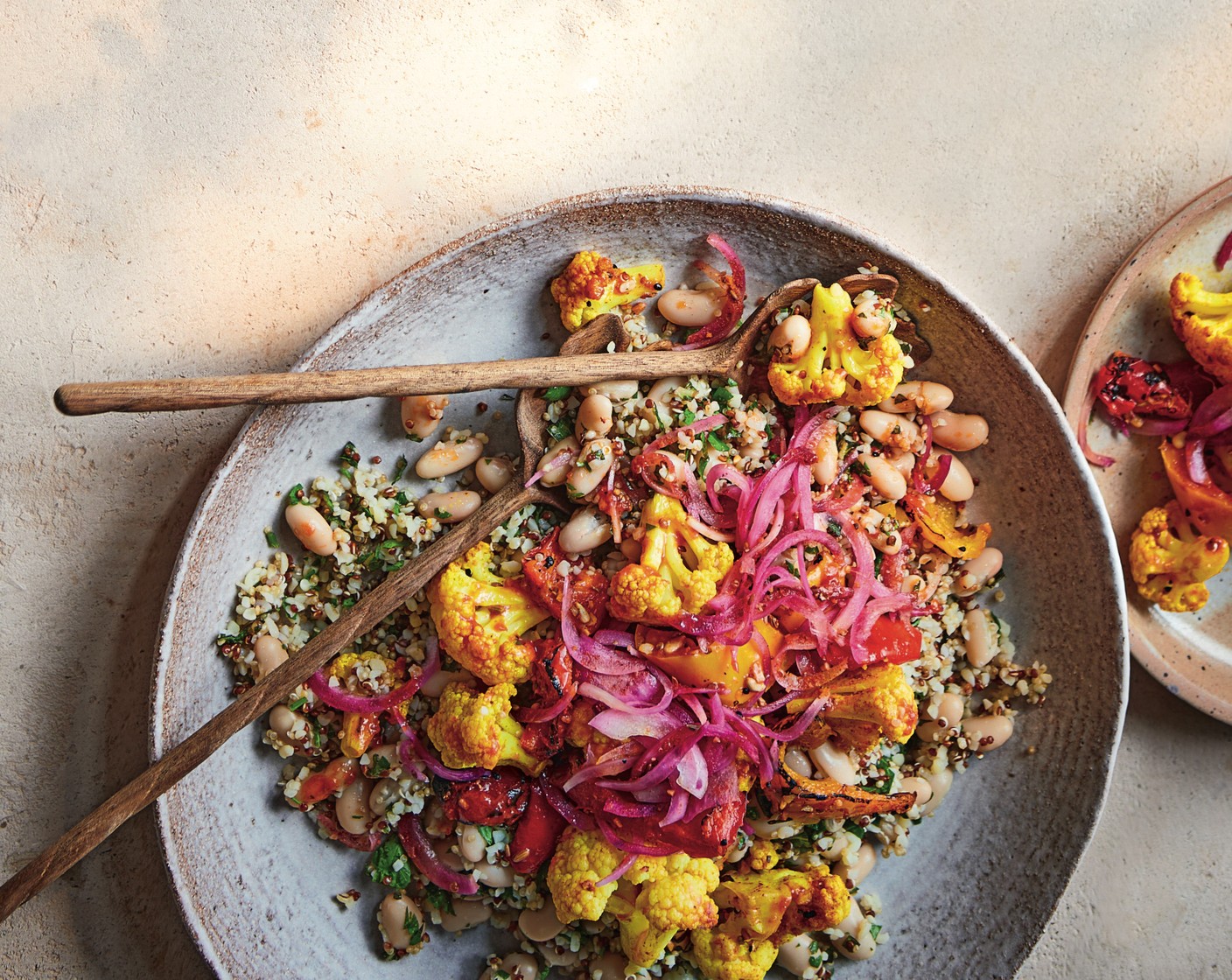 step 3 Serve the quinoa and bulgur wheat topped with the bean mix and the roasted roasted cauliflower and peppers (2 packs).
