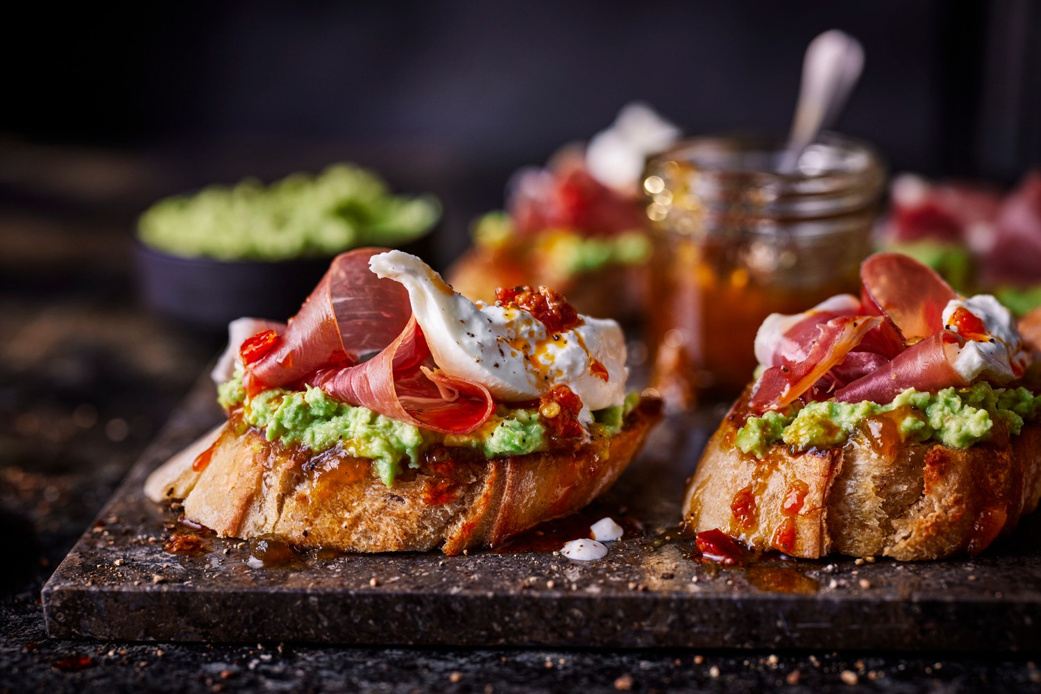 Broad bean tartines with serrano ham and burrata