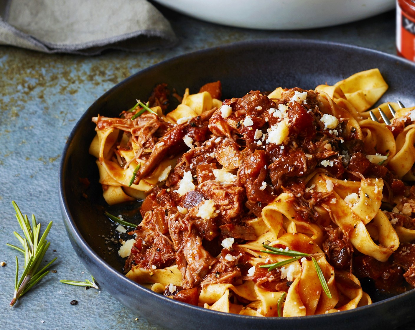 step 4 With 5 minutes to go, cook the pasta (400 g) according to the packet instructions, then toss into the cooked ragu to coat. Serve topped with grated parmesan (50 g).