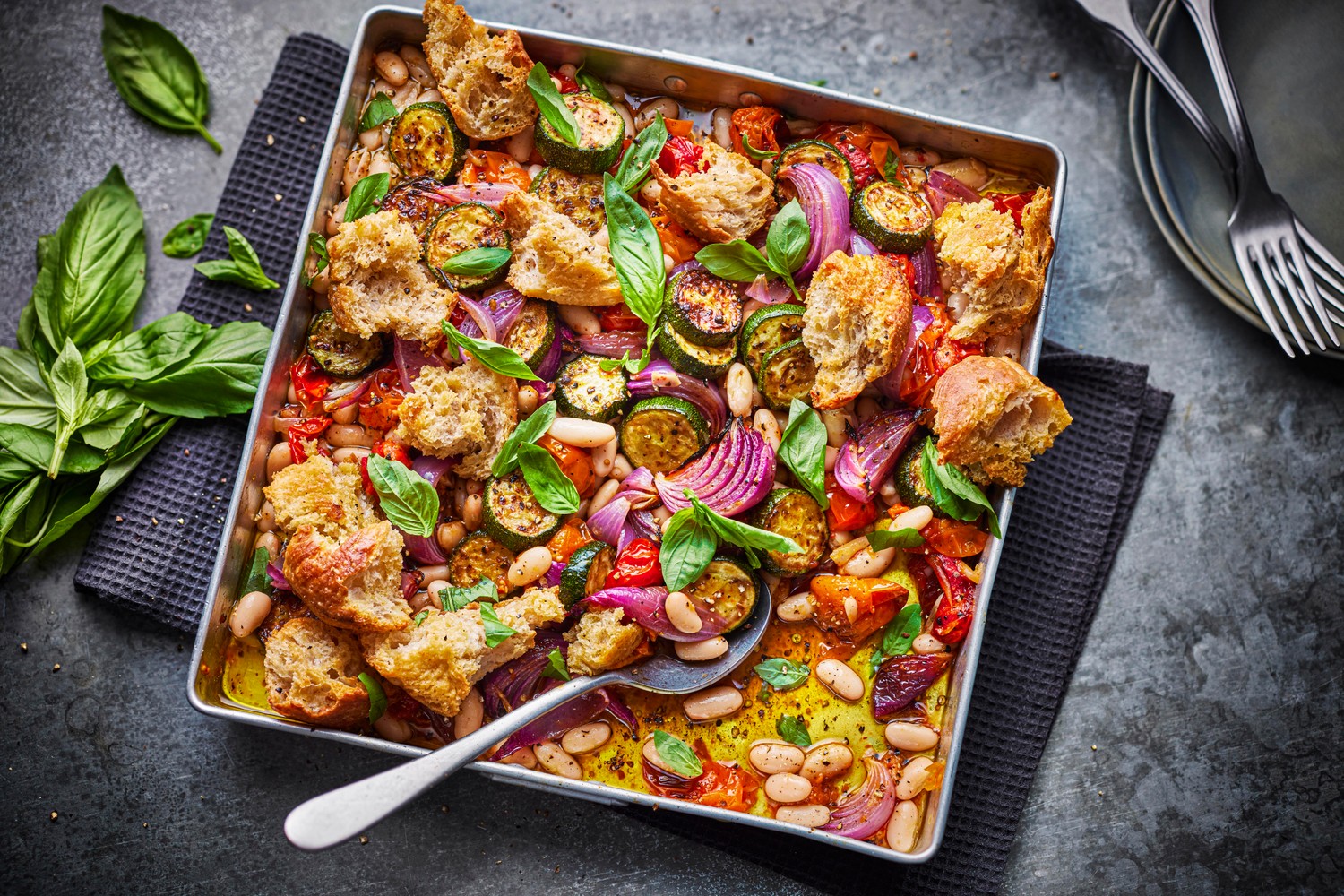 Cannellini bean, tomato and focaccia traybake