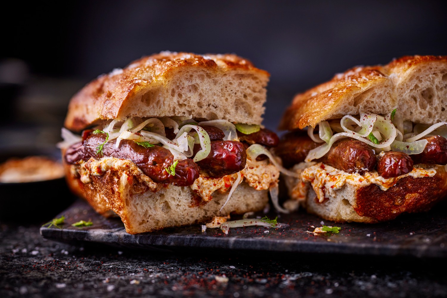 Lamb merguez focaccia sandwich