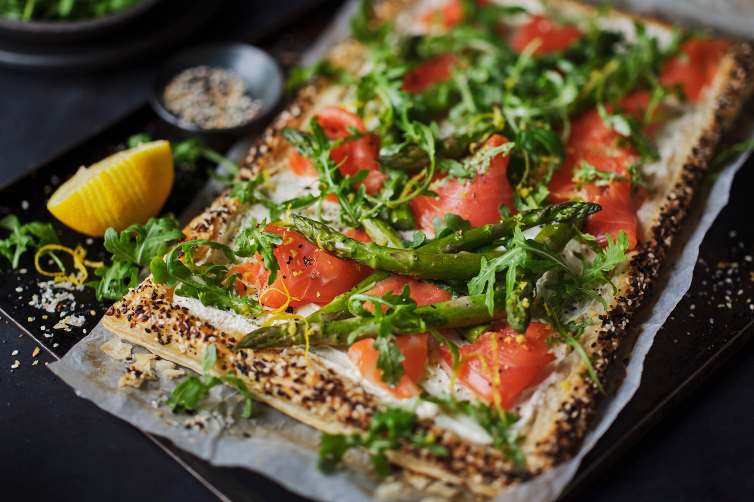 Smoked trout, horseradish cream cheese and asparagus tart