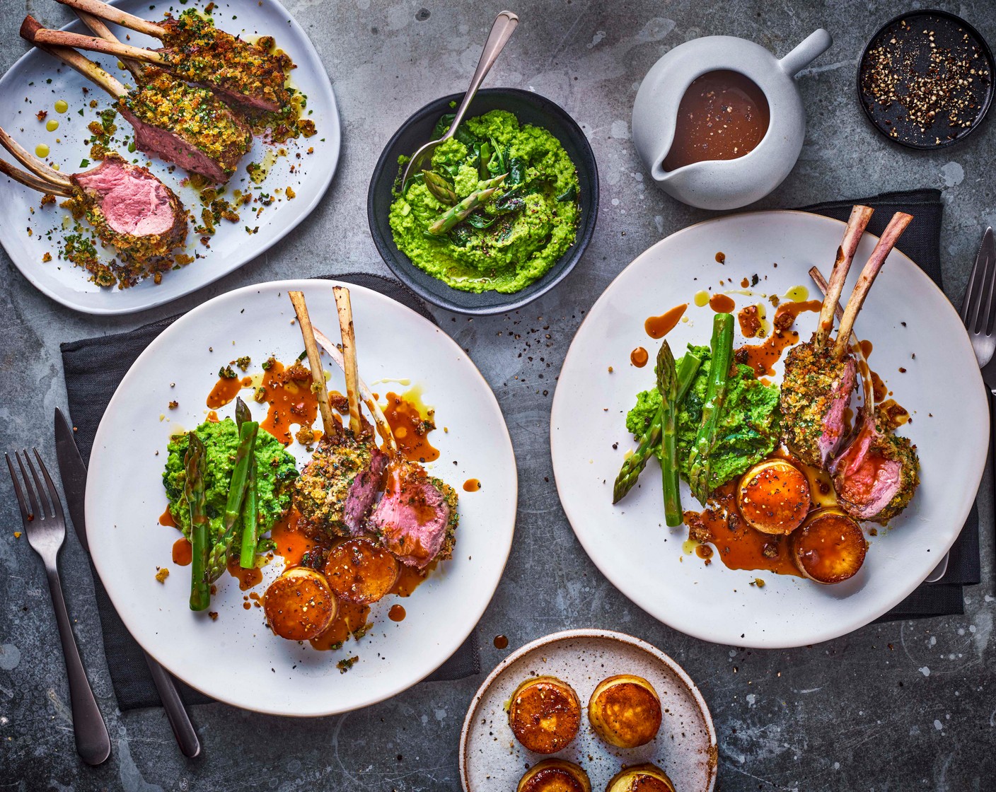step 13 To serve, slice the rack into cutlets allowing two cutlets per person. Spoon the pea purée onto the plate and arrange the lamb, potatoes and asparagus alongside. Pour the jus into a little serving pot for each person to pour over.