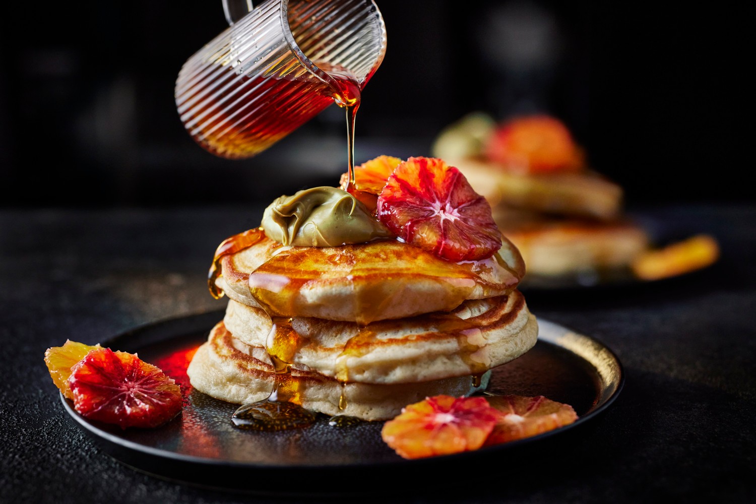 Pistachio and blood orange pancakes