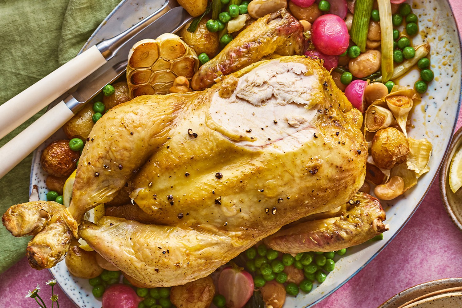 Lemon roast chicken with spring vegetables