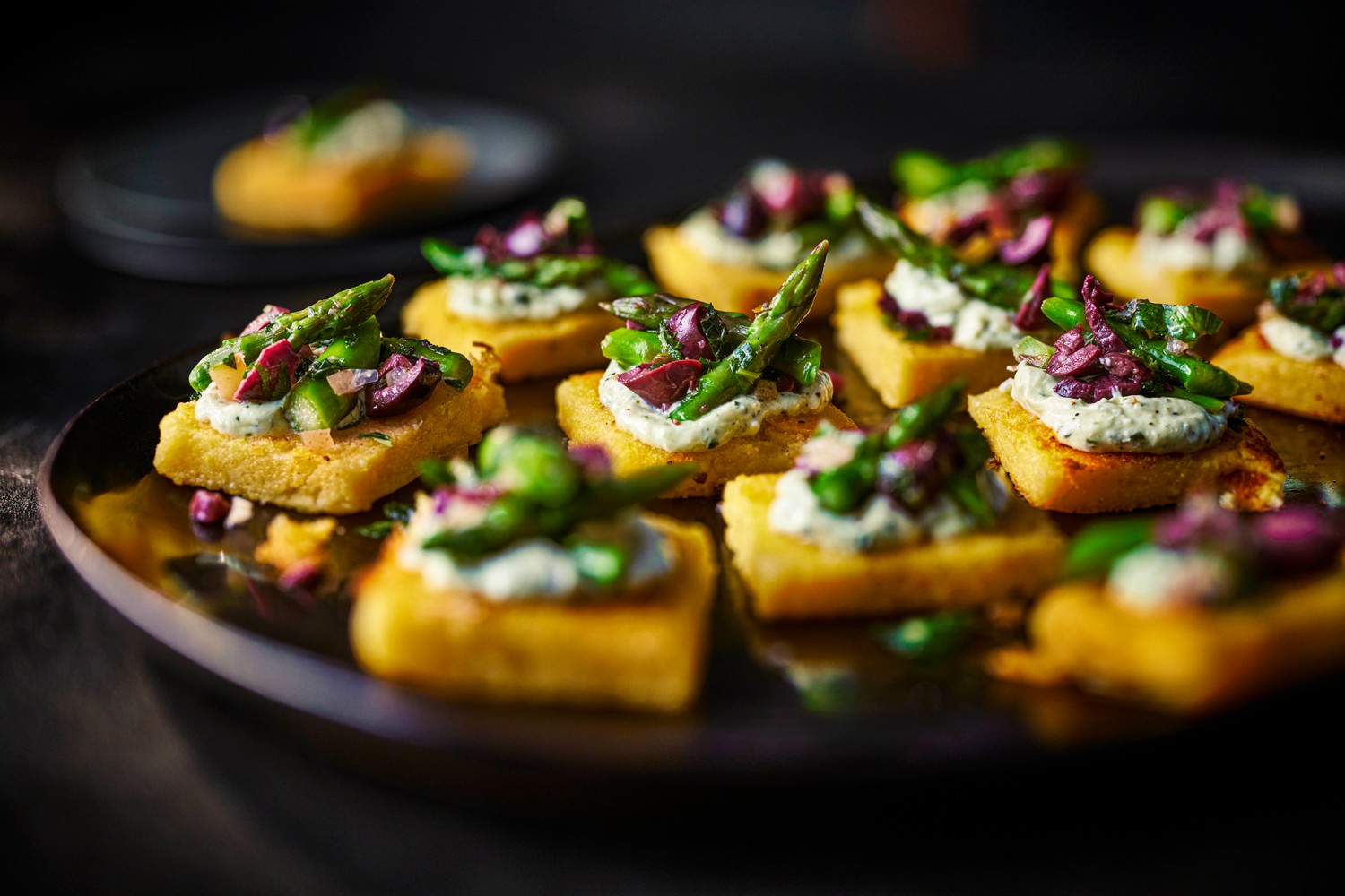 Crispy polenta bruschetta recipe with whipped feta and asparagus