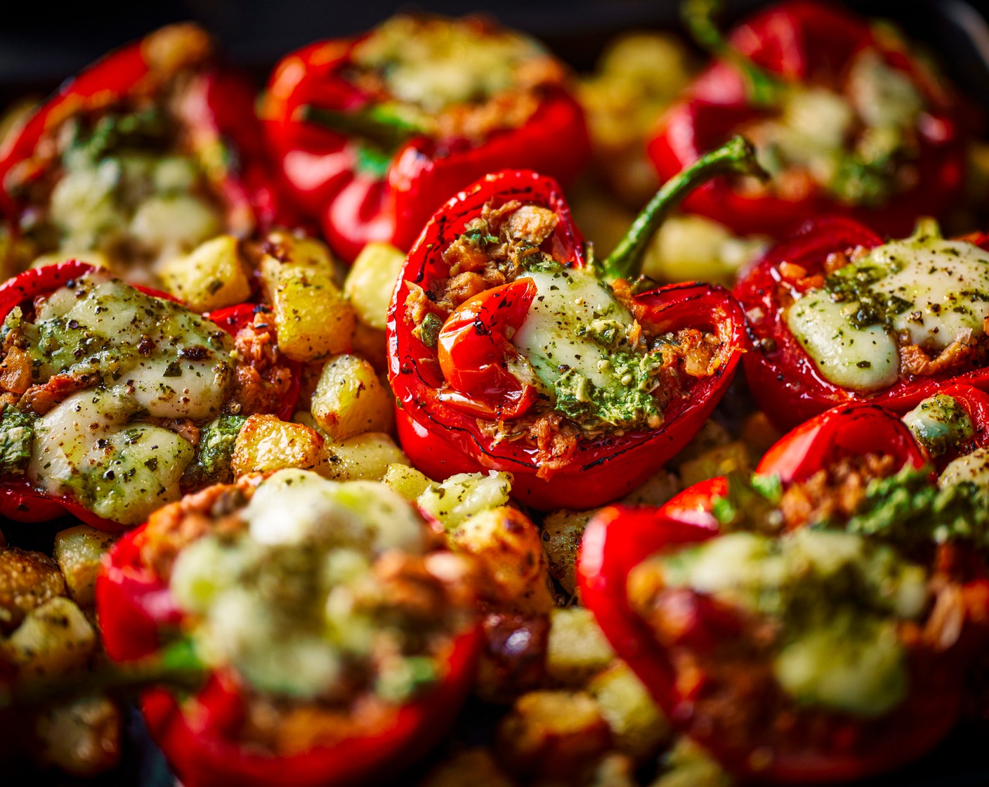 step 5 Carefully place the stuffed peppers on top of the potatoes. Top with the mozzarella (1 pack) and return to the oven for 15 minutes, until the peppers and potatoes are super tender and golden.