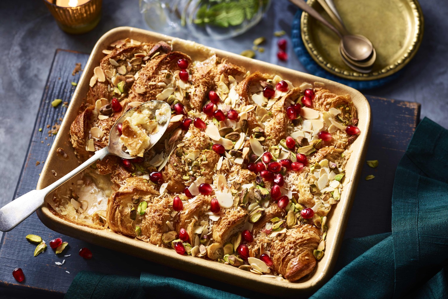 Coconut, almond and pistachio croissant pudding