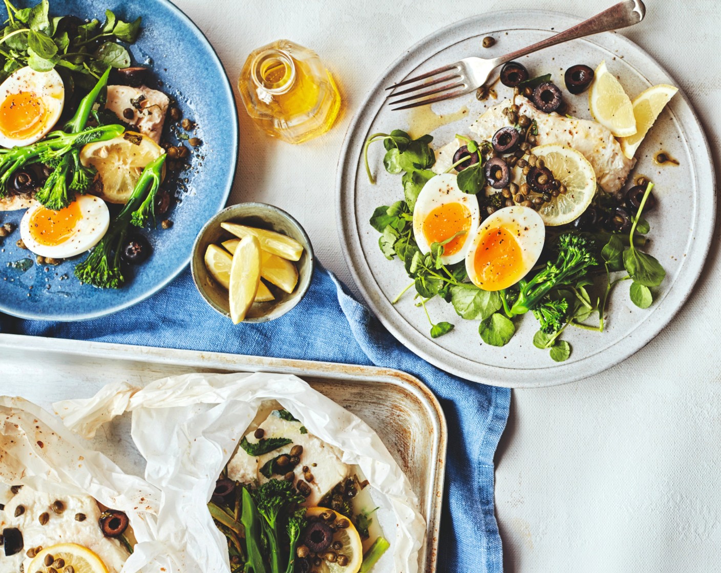step 4 Divide the watercress (80 g) between 4 serving bowls and top each with the haddock, broccoli and eggs. Dress each with the cooking liquid from the fish, an extra drizzle of olive oil, remaining parsley (1/2 handful) and a wedge of lemon.