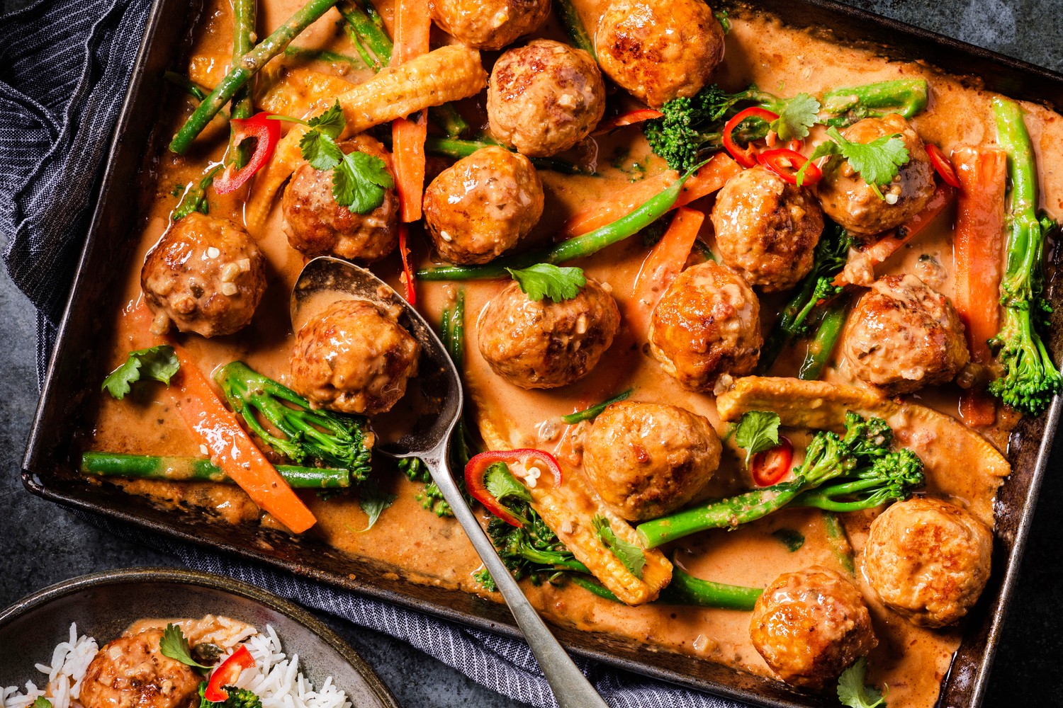 Satay chicken meatball traybake
