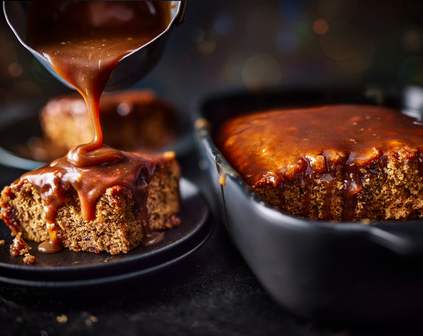 step 5 Remove from the oven and poke holes into the top of the cake using a skewer, then pour over the warm mulled wine toffee sauce. Serve with more double cream, if you’d like.