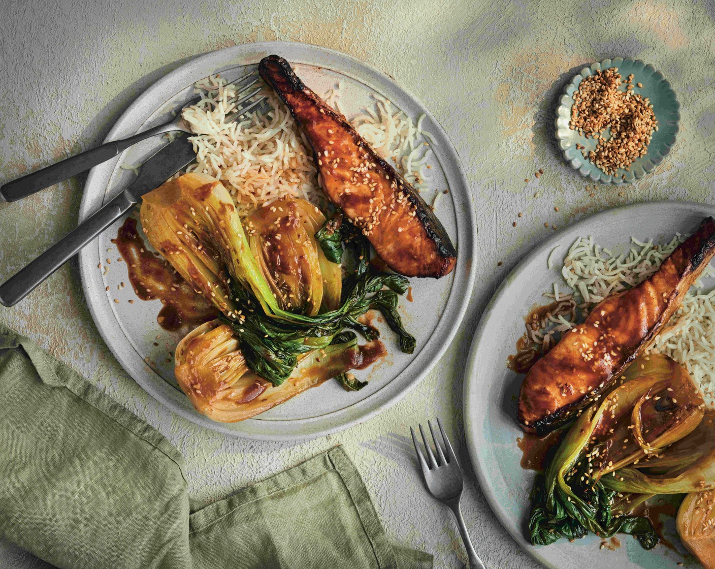 step 4 Cover with a lid and cook for 2-3 minutes, until tender. Serve the pak choi with the teriyaki salmon and basmati rice, and scatter with the sesame seeds (1 tbsp).