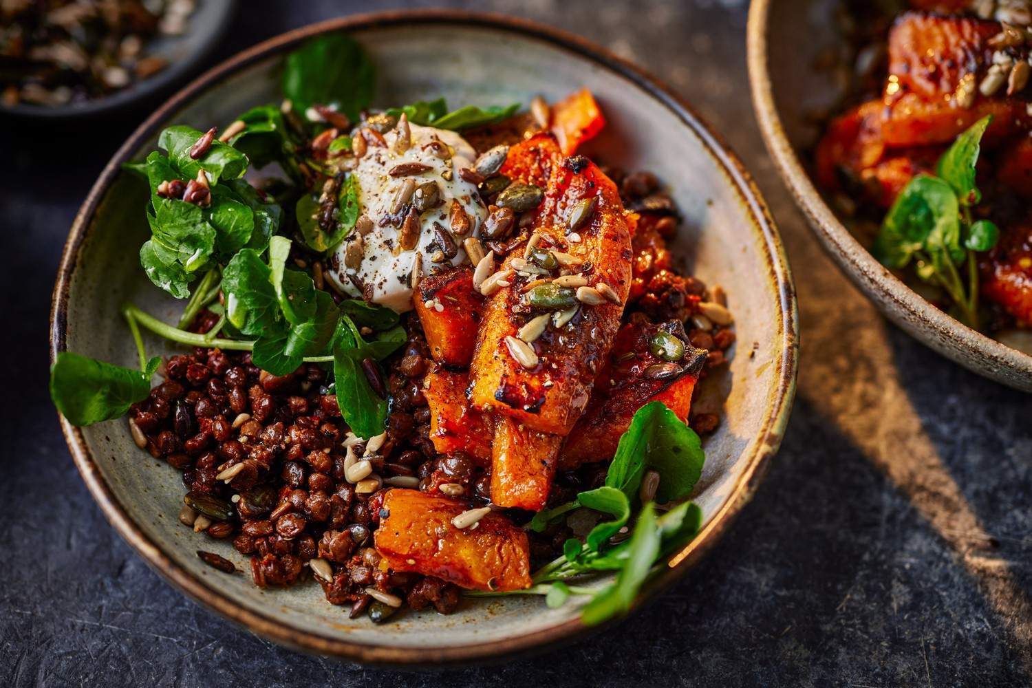 Whipped feta, lentil and squash grain bowls