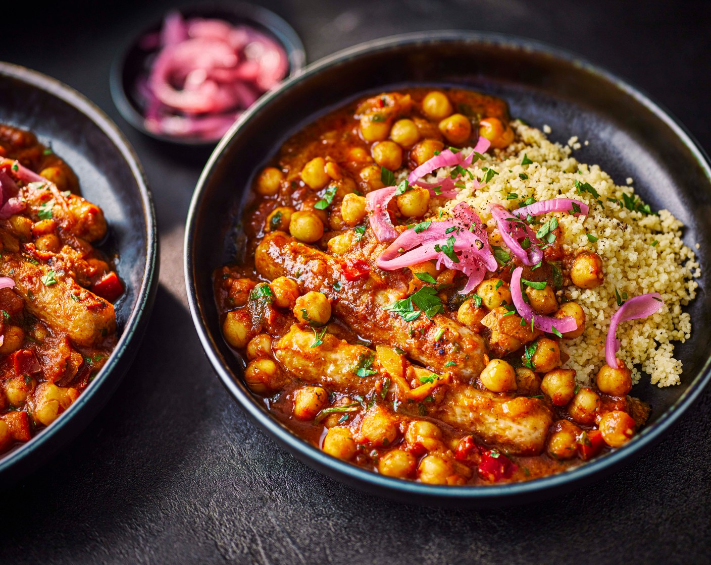 step 5 Serve in bowls topped with the pickled red onions (2 tbsp), if using, and dig in.