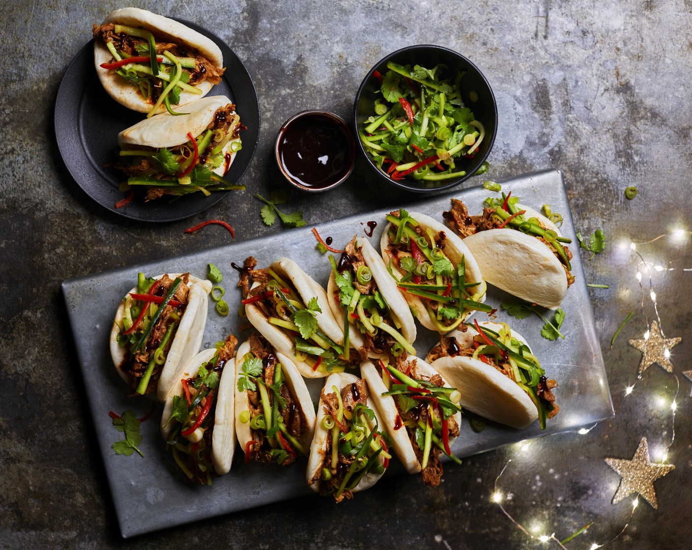 step 5 Heat the buns (12) according to the packet instructions. Spoon sticky turkey into the buns and top with the crunchy salad and coriander (1 bunch).