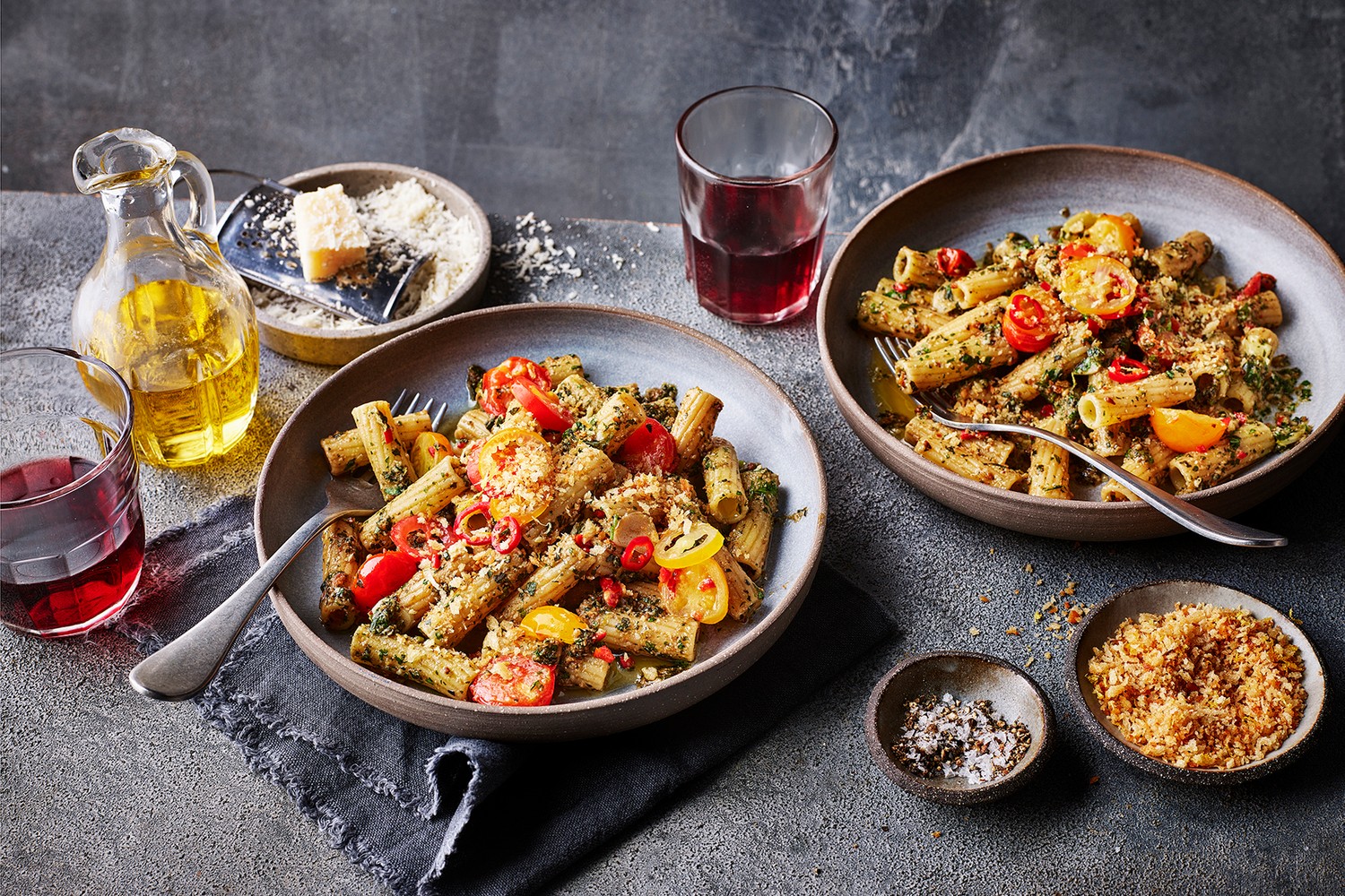 Rigatoni with sunflower seed pesto, heritage tomatoes and pickled chilli