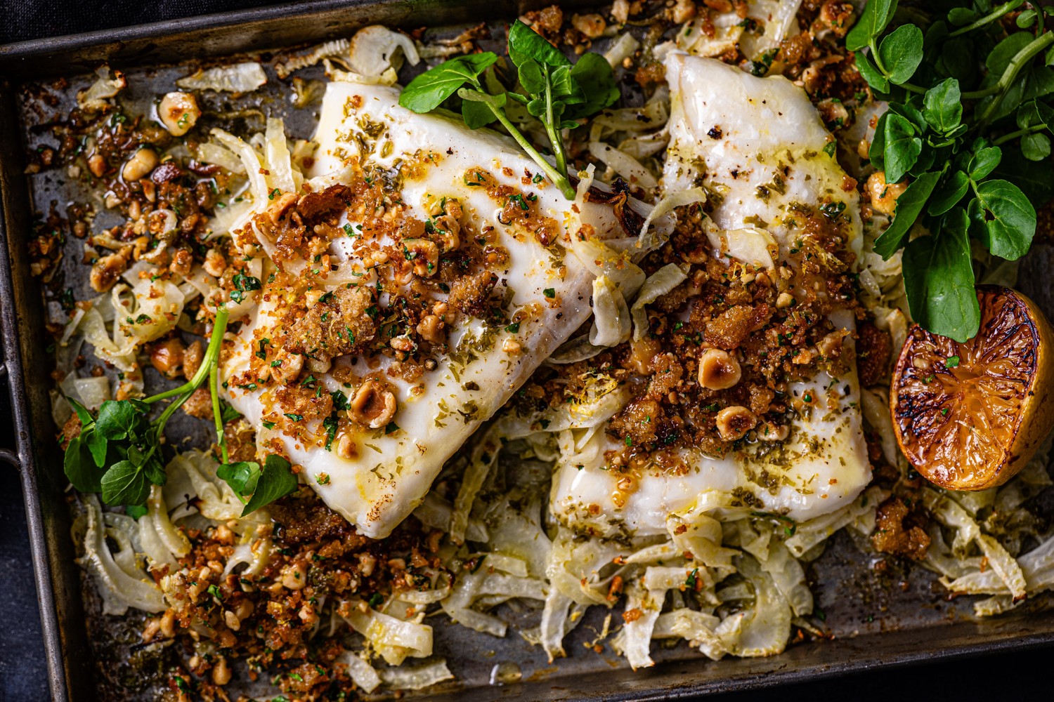 Halibut, fennel and lemon traybake recipe