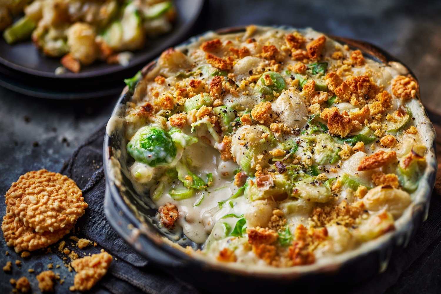 Cheesy Brussels sprout gnocchi pie