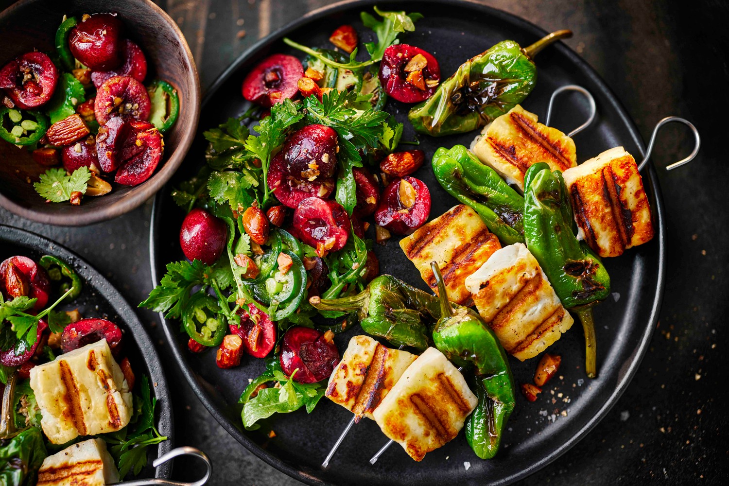 Hot maple halloumi and Padrón pepper skewers recipe