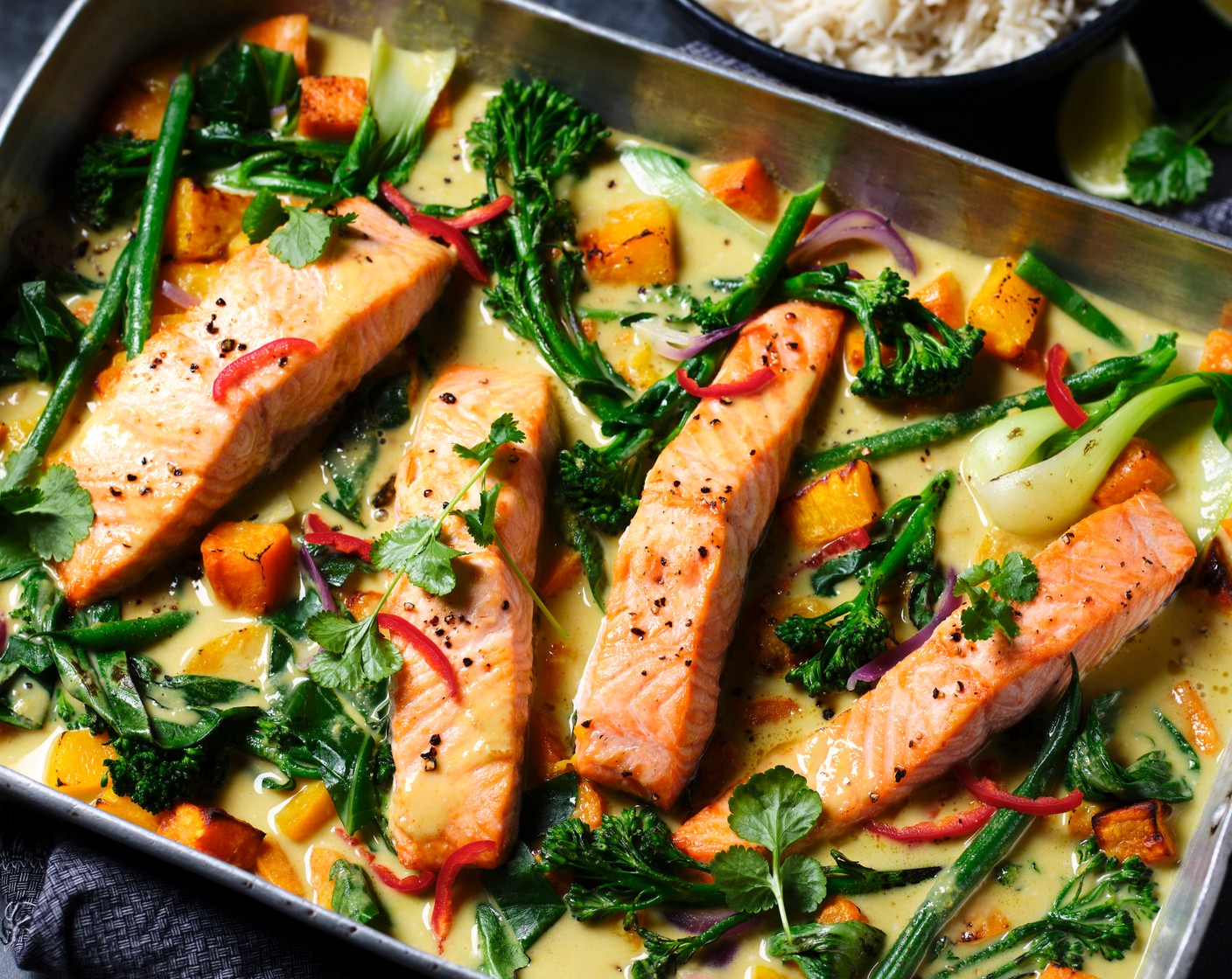 Caledonian Gold Salmon and sweet potato Thai curry traybake