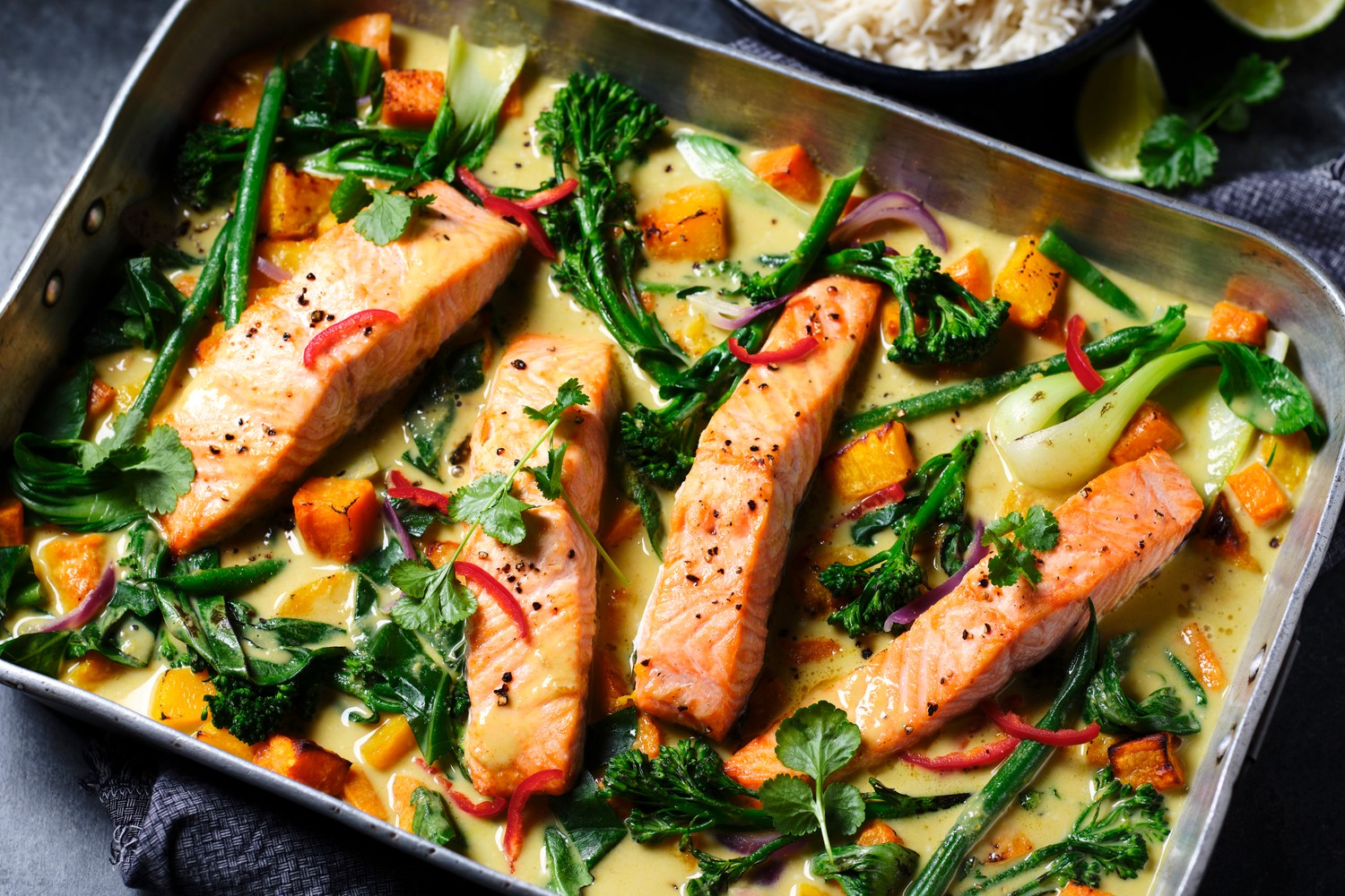 Caledonian Gold Salmon and sweet potato Thai curry traybake