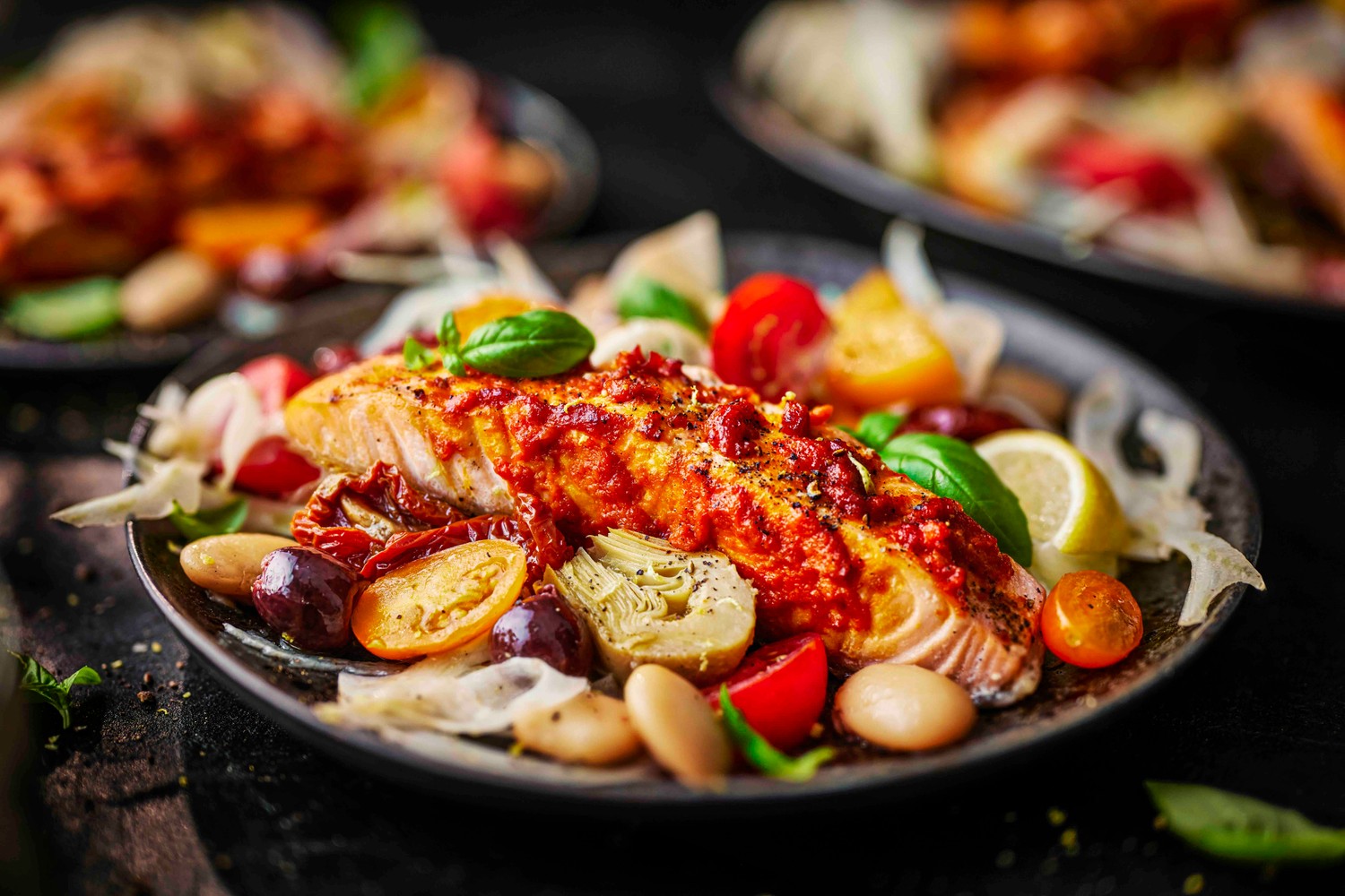 Calabrian tapenade salmon with Isle of Wight tomato salad